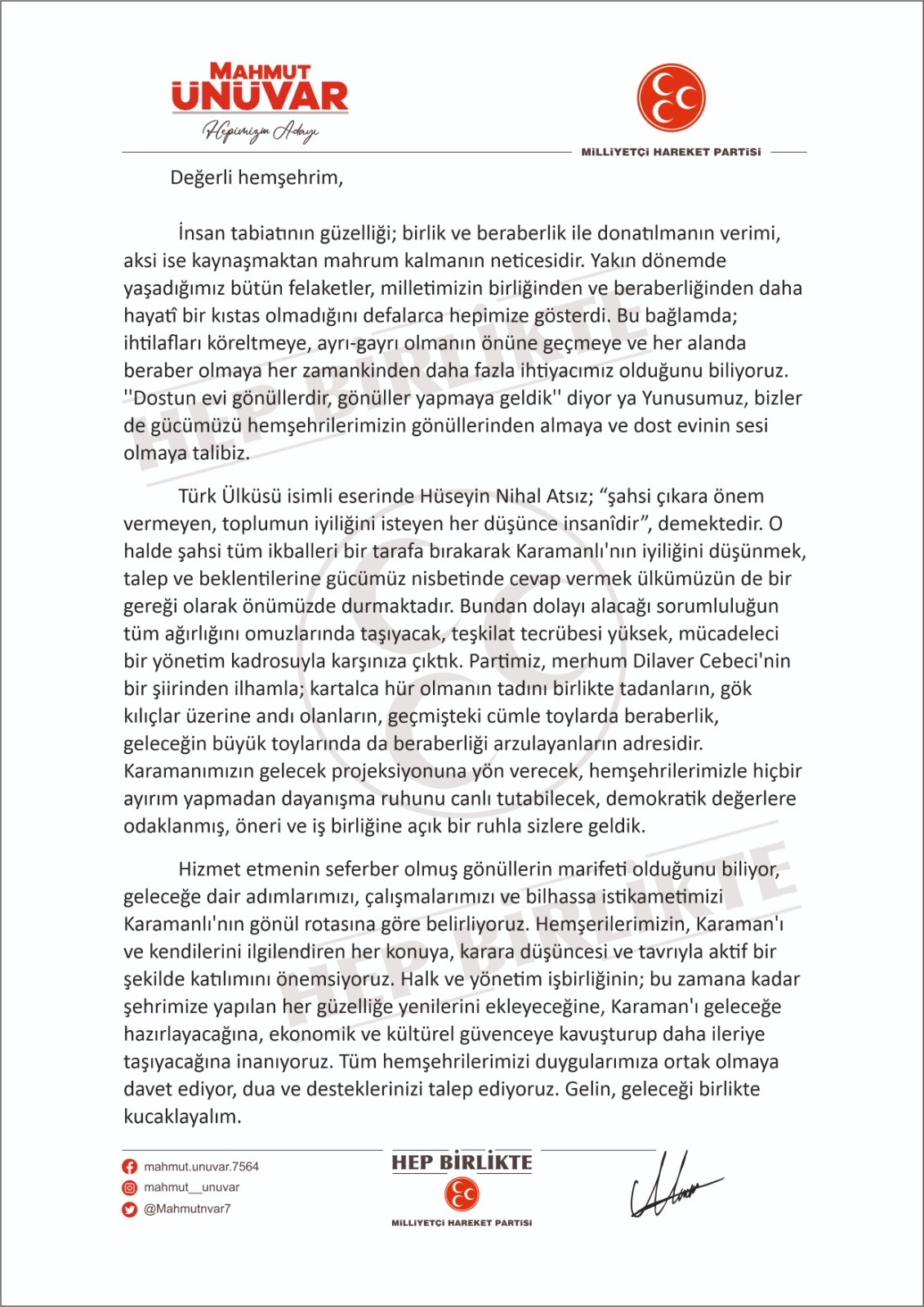 Mahmut Ünüvar: ‘’Gelin, geleceği birlikte kucaklayalım’’